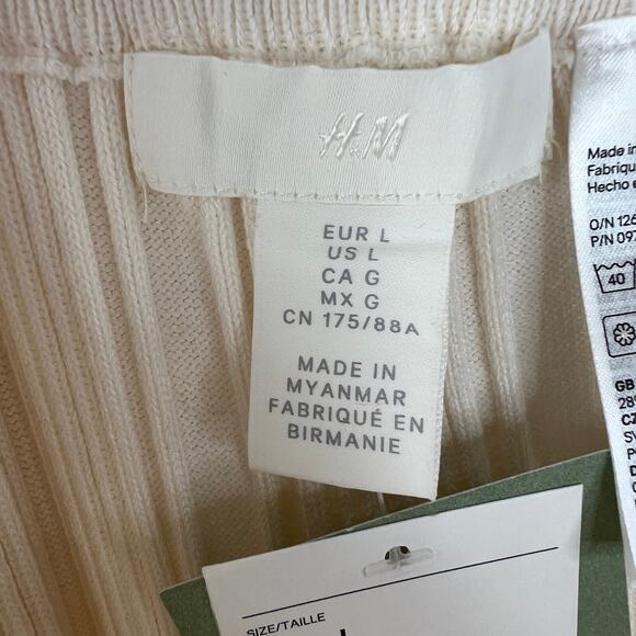 H&M Ivory Elastic Waist Pleated Wide Leg Pants Size L Large NEW - Picture 7 of 10